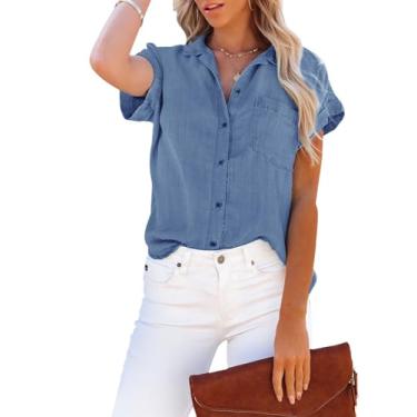 Imagem de Aoudery Camisa feminina de botão de cambraia com bolsos, túnica jeans de algodão, abotoada, manga curta, lisa, blusa alta e baixa, A_azul escuro (cambraia), XP