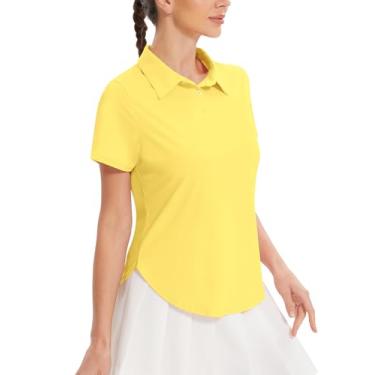 Imagem de addigi Camisa polo feminina de golfe FPS 50+, proteção solar, 3 botões, manga curta, secagem rápida, atlética, tênis, golfe, Amarelo, 3G
