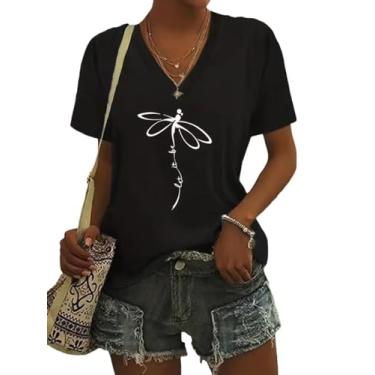 Imagem de Camiseta abstrata libélula fofa Let It Be Letter Print Camiseta divertida colorida libélula gráfica verão casual tops tops, Preto, P