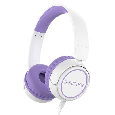 Imagem de IMYB Fones de ouvido infantis, fones de ouvido intra-auriculares ajustáveis de 3,5 mm, estéreo, dobrável, sem emaranhados, para crianças na escola/crianças/adolescentes/meninos/meninas/iPad/tablet/Kindle/telefones/viagem/avião (branco roxo)