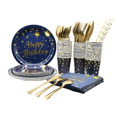 Imagem de Serve 25 convidados, 200 peças, pratos e guardanapos descartáveis azuis e dourados, artigos de festa, conjuntos de decorações de festa de aniversário azuis com colher de garfo de faca (azul)