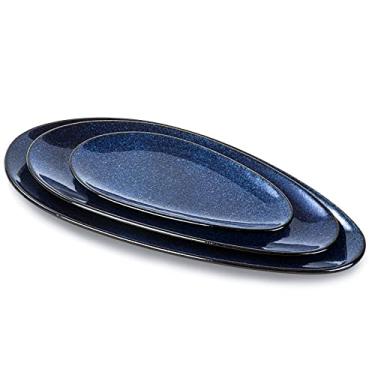 Imagem de VICRAYS Travessas ovais grandes para servir, 40,6 cm/35,5 cm/25,4 cm de porcelana para festa, churrasco, bandejas empilháveis para servir aperitivos, sushi, restaurante, sobremesa, conjunto de 3 (azul)