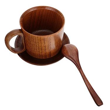 Imagem de Caneca de café de madeira com colher e porta-copos conjunto vintage xícara de chá expresso xícaras de chá com caneca de leite natural copos de madeira