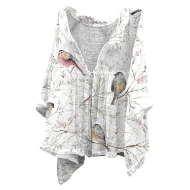 Imagem de Camiseta feminina de linho, manga 3/4, gola V, caimento solto, confortável, estampada, túnica, camiseta de férias de verão, Laranja, 3G