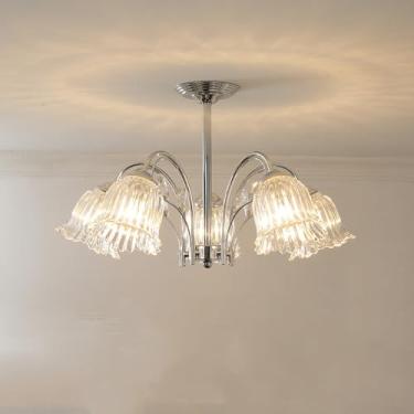 Imagem de Luminária de teto flor de vidro tulipa lustre de montagem semi-embutida luminária de teto cromada Sputnik moderna luminária de teto floral de vidro francês para cozinha sala de estar quarto