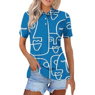 Imagem de Camisas polo femininas para o trabalho modernas estampadas manga curta casual gola elegante blusas casuais de verão 2024, Azul-celeste, GG