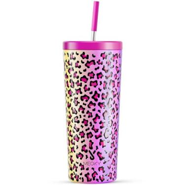 Imagem de Meoky Copo isolado de 680 g com tampa e canudo, copo isolado a vácuo de aço inoxidável, mantém frio por 24 horas, 100% à prova de vazamento, cabe no suporte de copo de carro (Celebration)