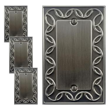 Imagem de OKAWYC Tampa de interruptor de luz única em branco NovaBloom placa de parede de metal, pacote com 4 unidades de estanho acetinado escovado níquel antigo 1 gangue, capa de interruptor de luz placa de