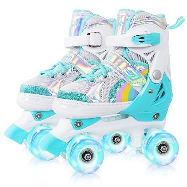 Imagem de Patins Nattork com rodas iluminadas para meninas, 4 tamanhos, patins quádruplos ajustáveis para crianças iniciantes ao ar livre, interior, patins esportivos, idades 3-8 azul-petróleo