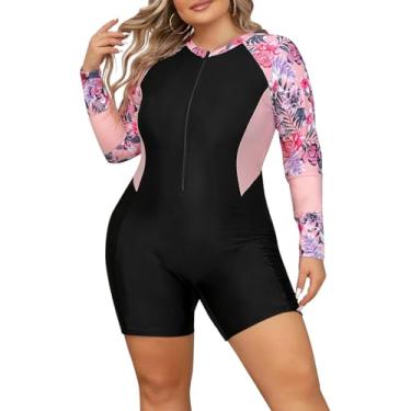 Imagem de FYMNSI Maiô feminino plus size com zíper Rash Guard proteção solar surf rashguard maiô esportivo peça única acolchoado, Rosa, preto, 13