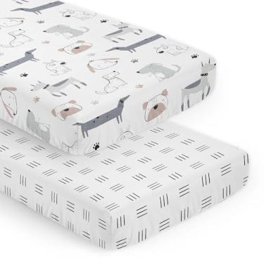 Imagem de Sweet Jojo Designs Jogo de lençol com elástico unissex / gênero neutro para berçário de bebê recém-nascido, 2 peças, cinza, azul acinzentado, moderno, cachorrinho, aquarela, preto, branco, escotilha