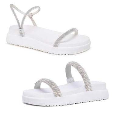 Imagem de Novo Hábito, Kit 2 Sandália Feminina Papete Tira & Papete Tira com Brilho Cor:Branco;Tamanho:40