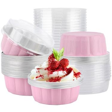 Imagem de EUSOAR Forros de muffin, 25 peças de 255 g rosa creme brulee recipiente descartável de armazenamento de bolo de ramequins, formas de bolo com tampas, xícaras, cupcakes, pudim de pão, suportes redondos