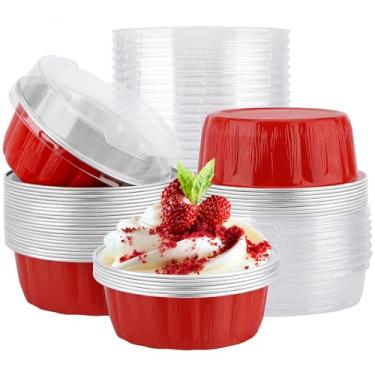 Imagem de EUSOAR Recipientes de bolo com tampas, 25 peças de ramequins vermelhos descartáveis de 255 g, forros de muffin para assar suportes de copos de sobremesa com tampas, cupcakes, pudim de pão, envoltórios
