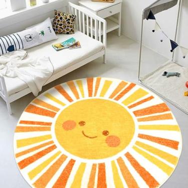 Imagem de Lacomfy Tapete infantil Boho Sun Play Mat 1,5 m redondo sol quarto tapete para meninos meninas tapete círculo berçário tapete para crianças lavável laranja amarelo tapete de área de sol para sala de