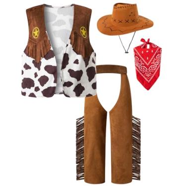 Imagem de IWALUE Fantasia infantil de cowboy para meninos, fantasia de Halloween, cosplay com bandana e chapéu de caubói, Branco, 9-10 Anos