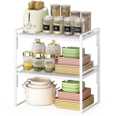Imagem de Pacote com 2 organizadores de bancada de cozinha, organizador de prateleira de armário empilhável, suporte de prateleira de cozinha ajustável de 2 níveis para armário de despensa, organização e