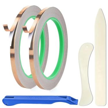 Imagem de CAMATET Folha de cobre 7/32 para vitral, folha reativa de cobre com condutor de dupla face - Deco, blindagem EMI, solda, circuitos de papel - 32,8 jardas (2 rolos) com ferramenta de laminação