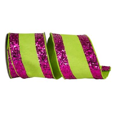 Imagem de Reliant Ribbon Fita de borda com fio Dupioni listrada com glitter jumbo, cítrico/fúcsia