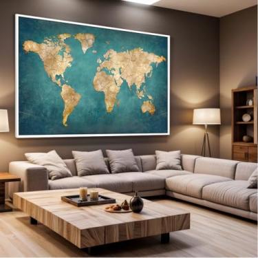 Imagem de Quadro Decorativo com Moldura Sala 130x90 Mapa Mundi Verde Luxo Grande Horizontal