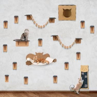 Imagem de Mondo Box Playground Completo Para Gatos Com Escadas E Rampas Kit Brinquedos 19 Peças Nicho Pontes Degraus Prateleira + Arranhador Parede Diversão Gato