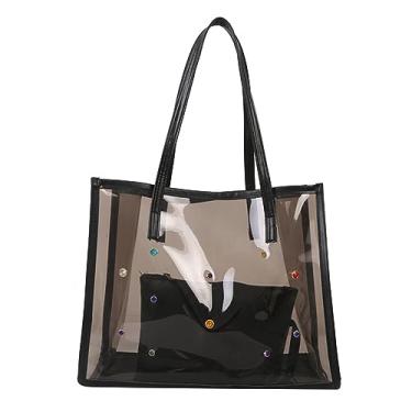 Imagem de HEYXI 2 peças/conjunto de bolsa de ombro transparente de PVC para mulheres para viagens na praia e compras preta