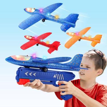 Imagem de Pacote de 3 lançadores de avião de brinquedo com planador de espuma e luzes LED