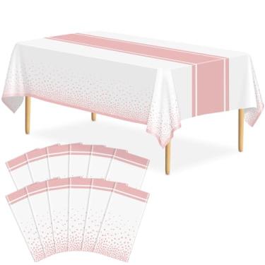 Imagem de LIKAJON Pacote com 12 toalhas de mesa de ouro branco e rosa para decoração de festa, toalha de mesa plástica branca impressa em ouro rosa, 137 x 272 cm, capa de mesa retangular descartável para