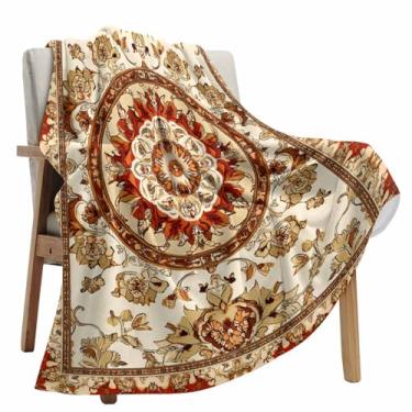 Imagem de Cobertor de lã floral boho vermelho laranja para sofá, bege, estilo étnico, vintage, microfibra macia, felpudo, aconchegante, cobertores leves para casa, cama, sofá, todas as estações, 101 x 127 cm