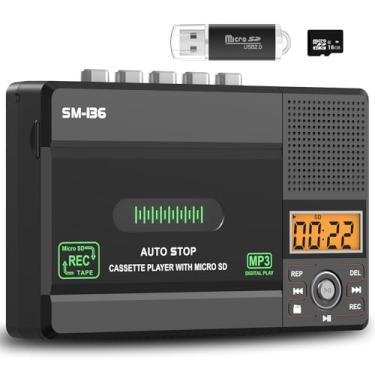 Imagem de SEMIER Leitor de fita cassete pequeno, conversor de áudio USB C ou cartão SD para MP3, grava em cassete/computador/cartão SD via microfone, visor LCD, alto-falante, conector de fone de ouvido, cartão