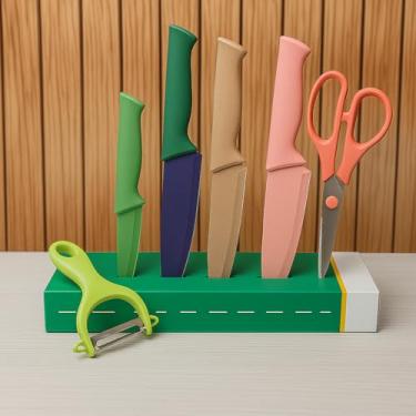 Imagem de Conjunto de Facas de Cozinha com 6 Peças, Lâminas em Cores Pastel, Inclui Faca de Chef, Faca para Pão, Faca Multiuso, Tesoura e Descascador