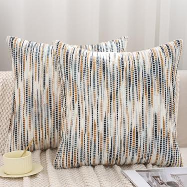 Imagem de Tosleo Conjunto de 2 fronhas decorativas listradas amarelas e cinzas Boho 45,7 x 45,7 cm, fronhas de chenille, capa de almofada quadrada com textura nuetral boêmia