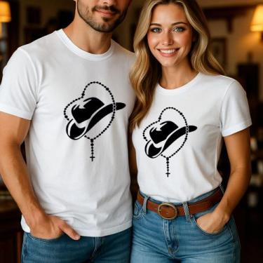 Imagem de Blusa Algodão Camiseta Casal Country Estampa Chapéu Terço Grande Modin