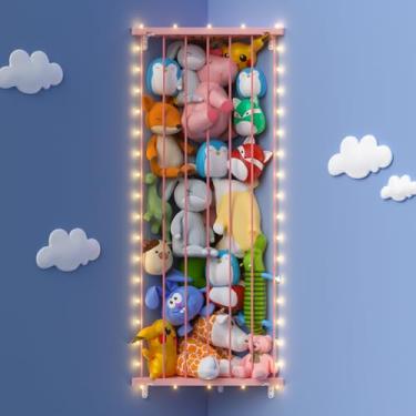 Imagem de GGUO Rede de armazenamento de animais de pelúcia de canto - Suporte para animais de pelúcia com luzes - Organizador de brinquedos de pelúcia com comprimento ajustável para quarto de crianças, sala de