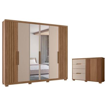 Imagem de Guarda Roupa Casal Araguaia E Cômoda Texas Carvalho Fendi Com Espelho - Moval