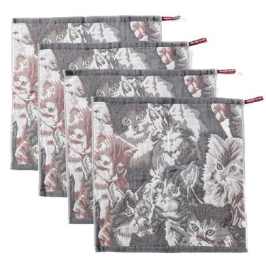 Imagem de Conjunto de 4 toalhas de cozinha de algodão 35 x 38 cm, design de gato fofo, panos de prato multiuso para lavar pratos, toalhas de chá absorventes com laço para pendurar, perfeito para secar na