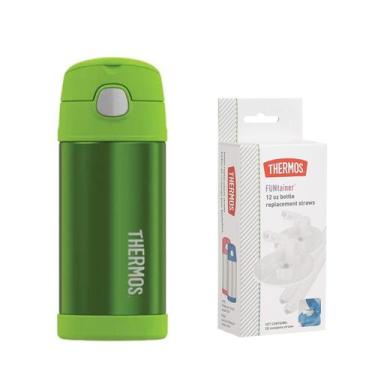 Imagem de Kit Garrafa Térmica + kit 2 Refil Canudo Thermos F401 Premium, Verde e