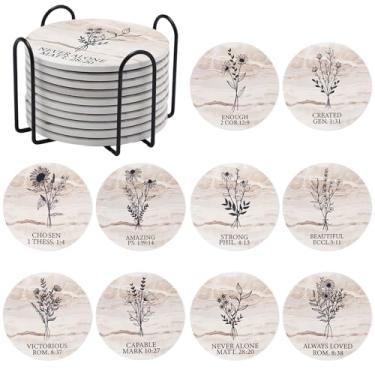 Imagem de Patelai 10 porta-copos de cerâmica com versículos da Bíblia de 10 cm com suporte para porta-copos absorventes para casa e presentes cristãos