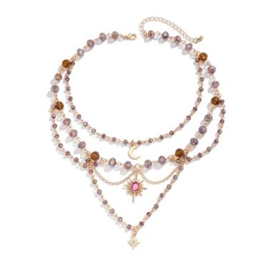 Imagem de NOVYRA Colar em camadas para mulheres, vintage, com contas, cristal, fada, lua, sol, pingente, colares, vestidos de festa, acessórios, joias, adjustable, Metal, Sem Pedra Preciosa