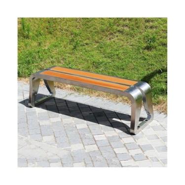 Imagem de ZzleoyuUUs-12 Banco de jardim ao ar livre, irregular, costas nuas, banco externo, moldura de aço inoxidável, placa de assento de madeira, área de descanso, banco de pátio (grande)