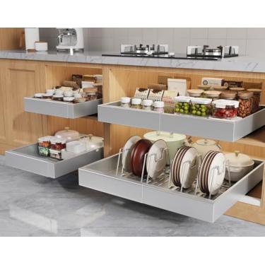 Imagem de Seinloes Pacote com 4 organizadores de armário de 53 cm de profundidade com almofada de elevação para armários emoldurados, gavetas deslizantes expansíveis com 4 prateleiras divisórias, prateleiras de