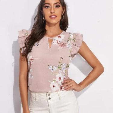 Imagem de Blusa basica manga curta com detalhes tamanho m  cor rosa com flores -