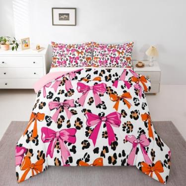 Imagem de jejeloiu Conjunto de edredom de leopardo, para todas as estações, com 2 fronhas, laço, microfibra, roupa de cama de casal, guepardo, para decoração de quarto, edredom respirável, macio e leve