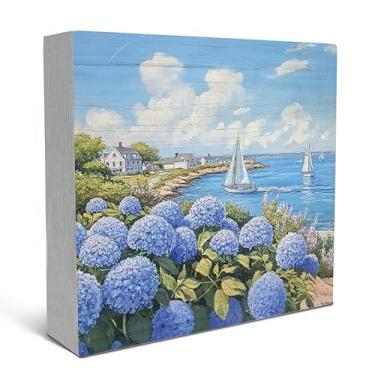 Imagem de SRADMO Hortênsia azul vintage veleiro paisagem náutica caixa de madeira decoração de mesa, decoração de quarto costeiro, veleiro costeiro, tema floral, caixa de bloco de madeira, decoração para mesa