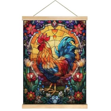 Imagem de Decoração de parede em estilo vitral colorido de galo, 35 x 45 cm, pôster de pendurar em tela rústica para casa de fazenda, arte vintage de galinha e estampa floral para decoração de cozinha e sala de