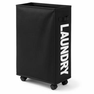 Imagem de Cesto de roupa suja fino com rodinhas de 63,5 cm, cesto de roupa suja dobrável com alça, organizador e organizador de roupa suja dobrável, cesto de armazenamento alto Modelo Atualizado (Preto)