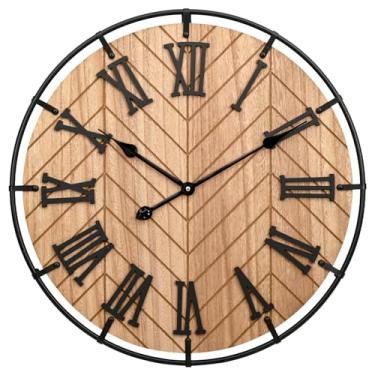 Imagem de EMAX HOME Relógio de parede grande de madeira – Relógio de parede extra grande com algarismos romanos 3D e emenda de espinha de peixe, relógio de parede de madeira moderno marrom para sala de estar