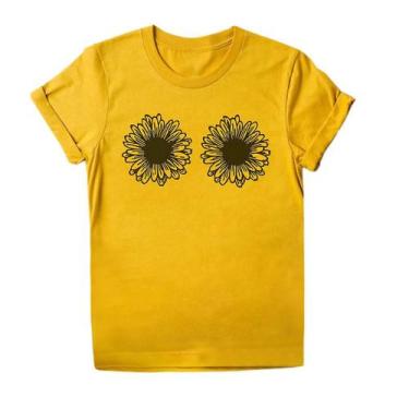 Imagem de Camiseta feminina com estampa de girassol manga curta com decote em O 