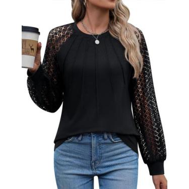 Imagem de Camisa Kistore, renda preta, manga comprida, feminina, gola redonda, t