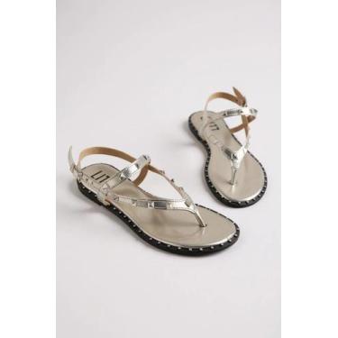 Imagem de Sandália Feminina Littz Rasteira Tira Com Spikes E Fivela Prata Esp/Pr